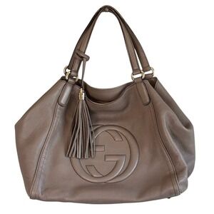 GUCCI Soho Medium Leather Tote Bag Taupe Pebbled GG Tassel Italy